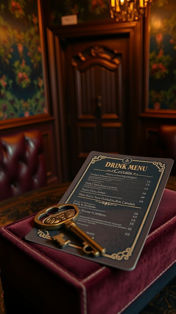 A vintage key on a velvet box next to a drink menu, evoking the charm of a Gatsby-Era Home Bar.
