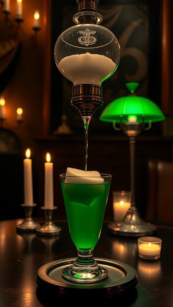 A vibrant green drink being prepared in a vintage setting, evoking the charm of a 1920s speakeasy.