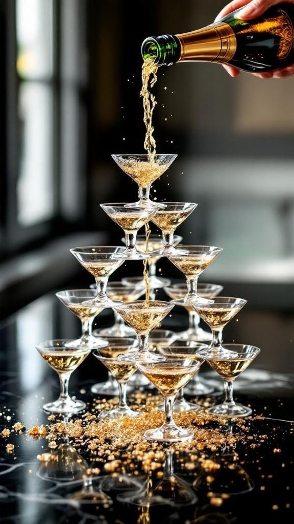 A beautifully arranged champagne tower with vintage coupe glasses filled with sparkling champagne.