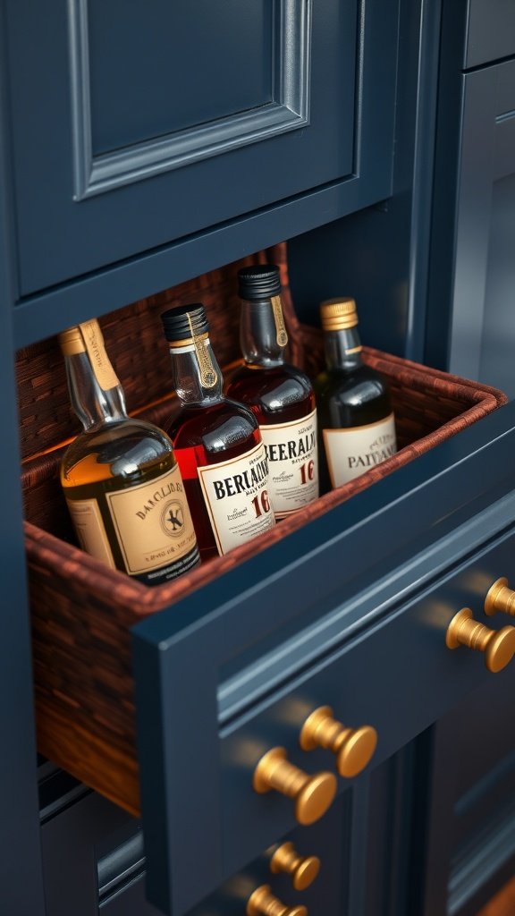 A stylish drawer with various bottles of bourbon and whiskey, showcasing a Gatsby-era home bar aesthetic.