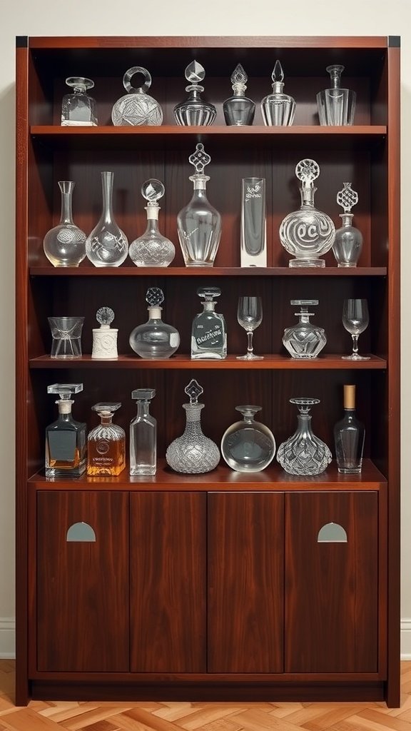 A beautifully arranged decanter wall showcasing various bottles of spirits.