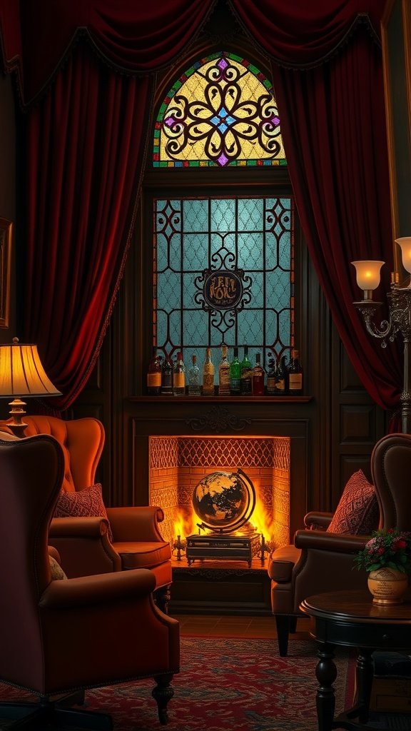 A cozy smoking lounge corner with plush armchairs, a fireplace, and vintage decor, evoking the charm of a Gatsby-era home bar.