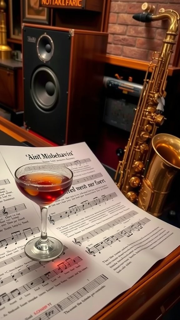 A cocktail glass on sheet music with a saxophone in the background, evoking a 1920s speakeasy vibe.