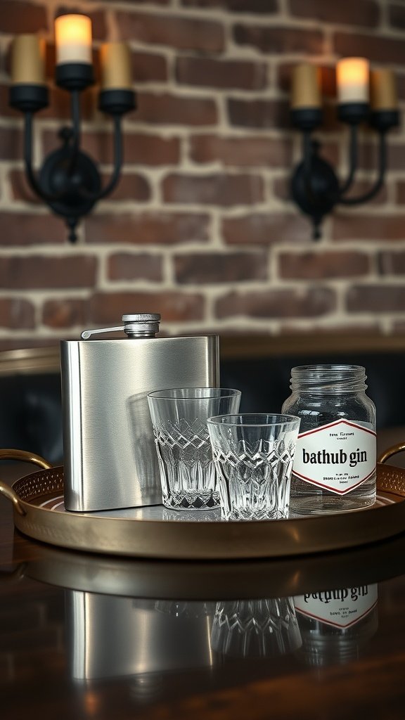 A stylish home bar setup featuring vintage glassware, a flask, and bathtub gin on a tray.