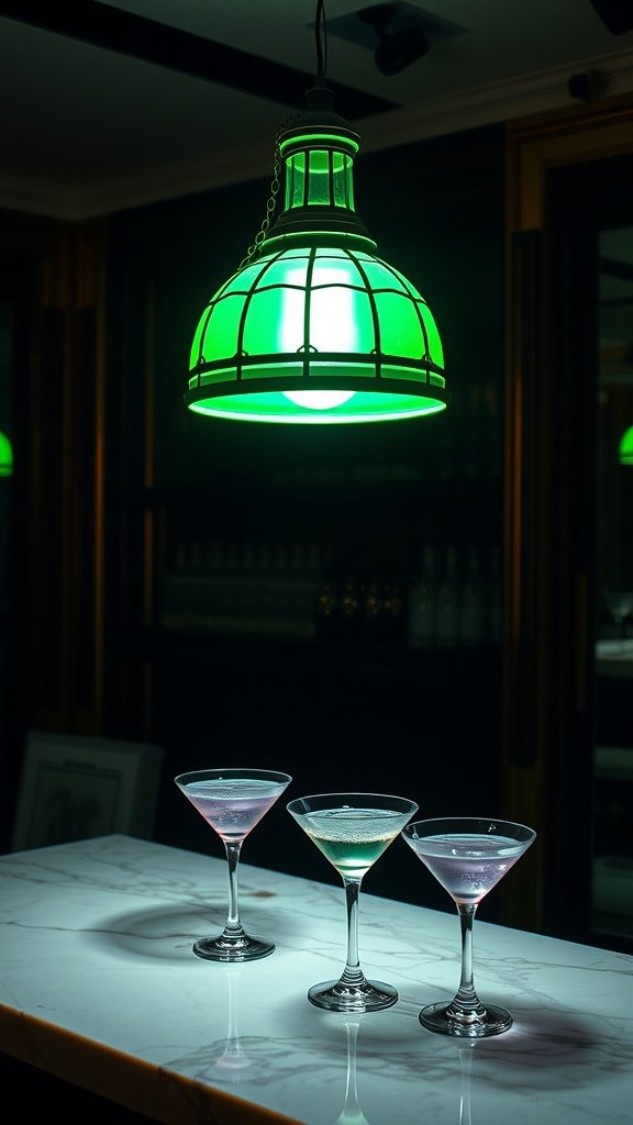 A green lamp illuminating three elegant cocktails on a marble bar