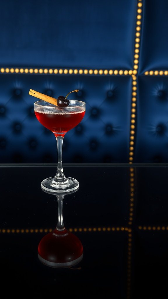 A cocktail glass with a red drink, garnished with a cherry and cinnamon stick, set against a blue tufted background.
