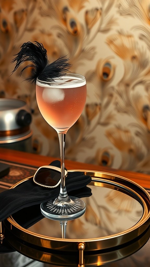 A cocktail with a feather garnish on a tray, surrounded by vintage decor.