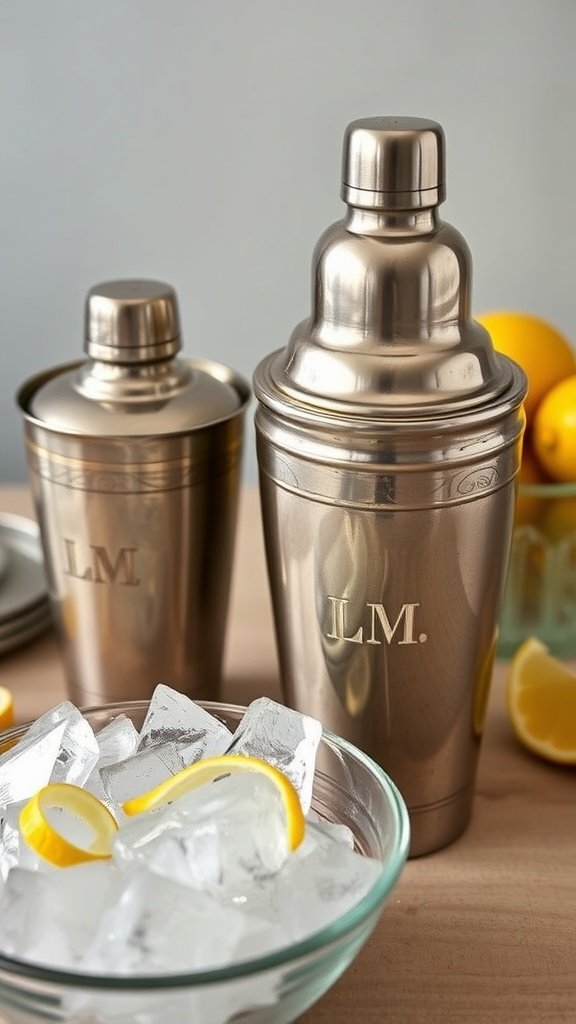 A vintage cocktail shaker with ice and lemon peels, perfect for a Gatsby-era home bar.