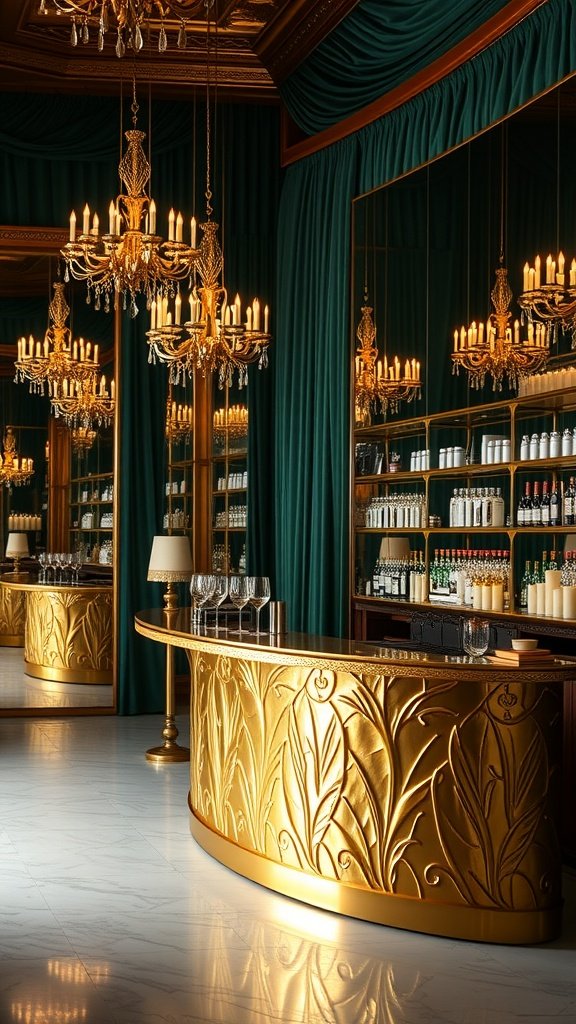 A luxurious bar area with golden accents, green drapes, and chandeliers, evoking a 1920s speakeasy vibe.
