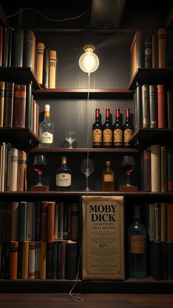 A cozy bookshelf with vintage spirits and glassware, evoking a 1920s speakeasy atmosphere.