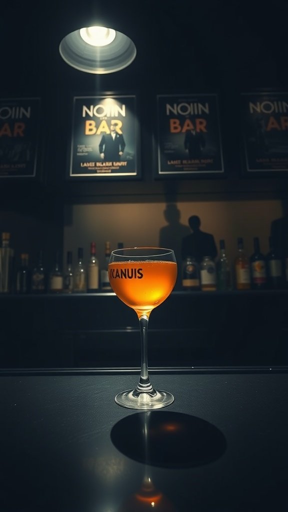 A beautifully crafted cocktail in a vintage glass, set against a dark bar backdrop with soft lighting.