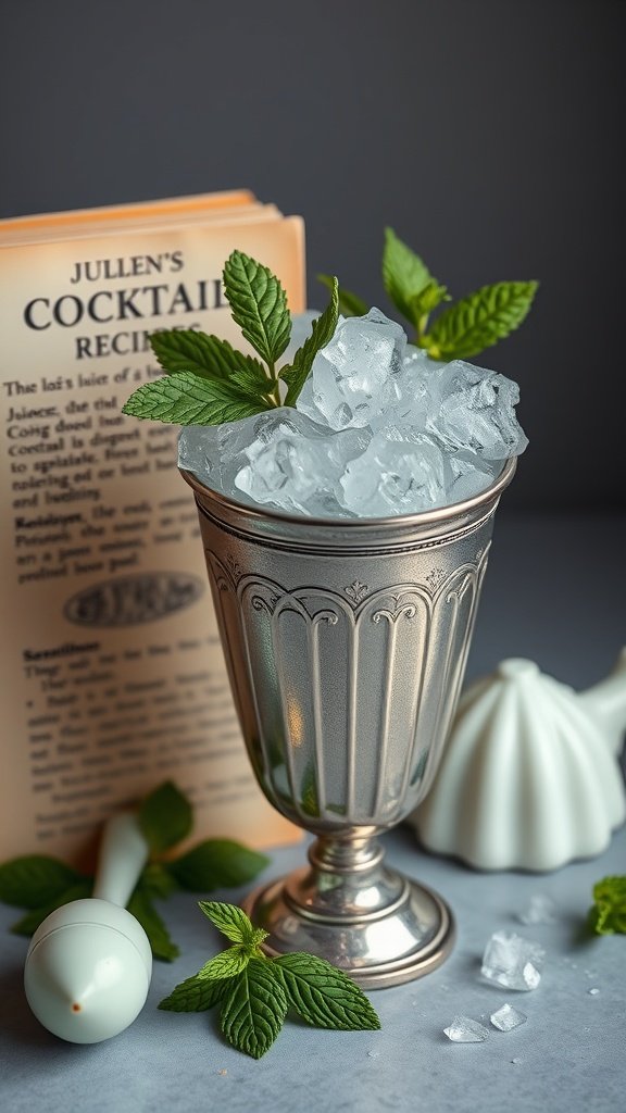 A Mint Julep cocktail in a silver cup with mint leaves and a cocktail recipe book in the background.