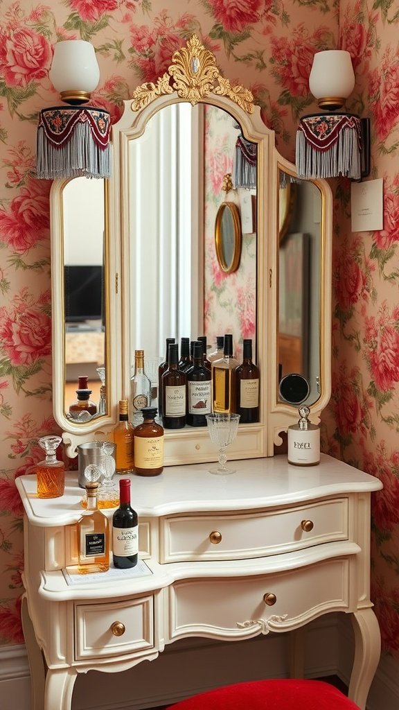 A stylish boudoir bar niche featuring a vintage vanity with a mirror, floral wallpaper, and various bottles of liquor.