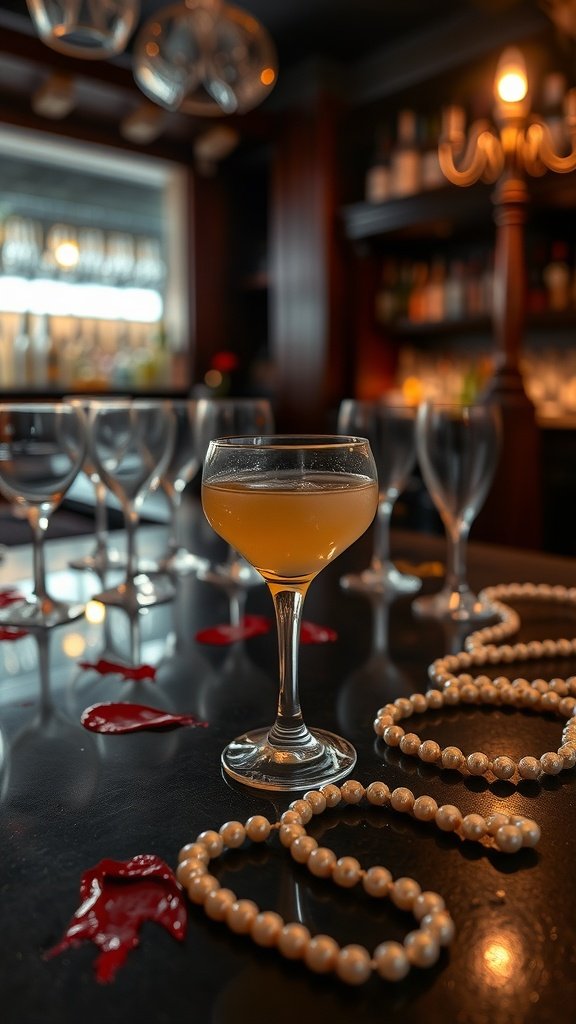 A cocktail glass with an orange drink surrounded by vintage glassware and pearl necklaces, evoking a speakeasy atmosphere.