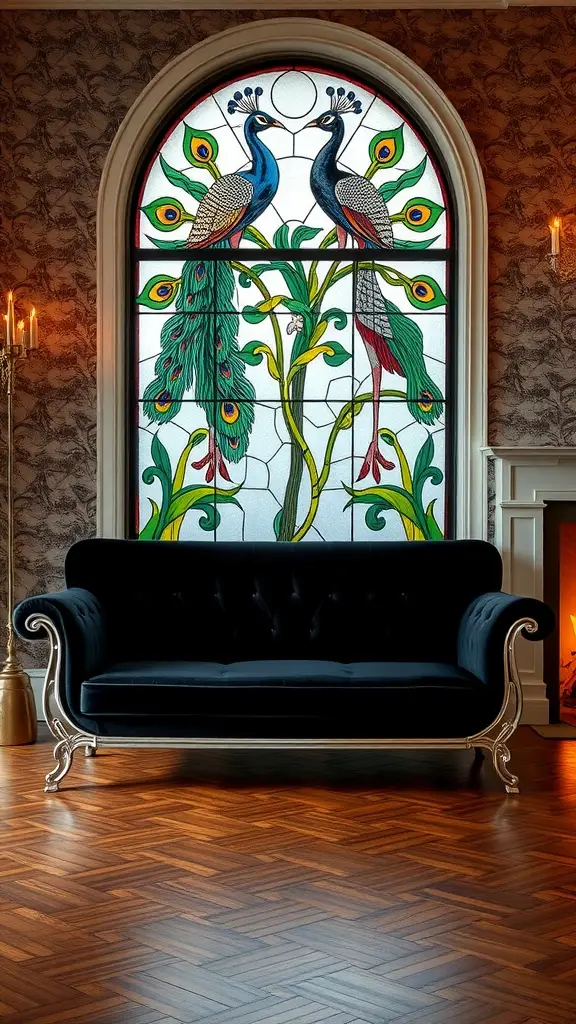 A jet black couch in front of a stained glass window featuring colorful peacocks.