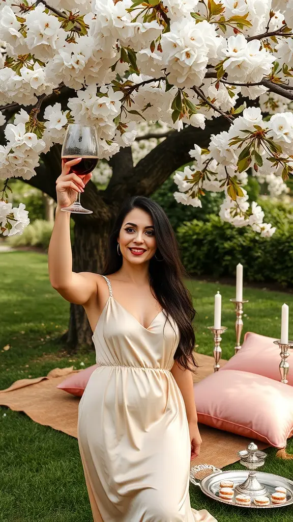 A woman in a satin dress raising a glass of wine under a cherry blossom tree at a garden party.