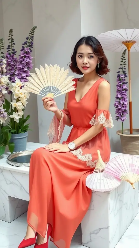 A woman in an elegant coral dress with frilled sleeves, holding a feather fan, surrounded by flowers and decorative umbrellas.