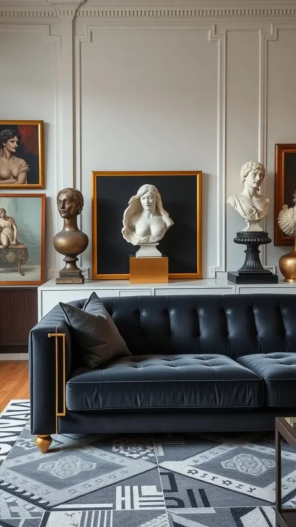 A stylish Art Deco inspired couch in a drawing room with various artworks and sculptures on the wall.