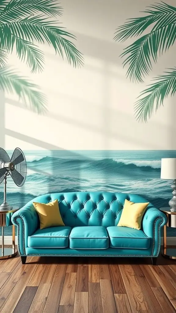 A turquoise vintage couch with yellow pillows in a Miami-themed room featuring palm tree wallpaper.