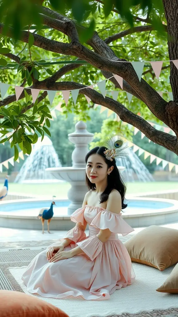 A woman in a pink dress with peacock feathers sits in a garden setting with a fountain.