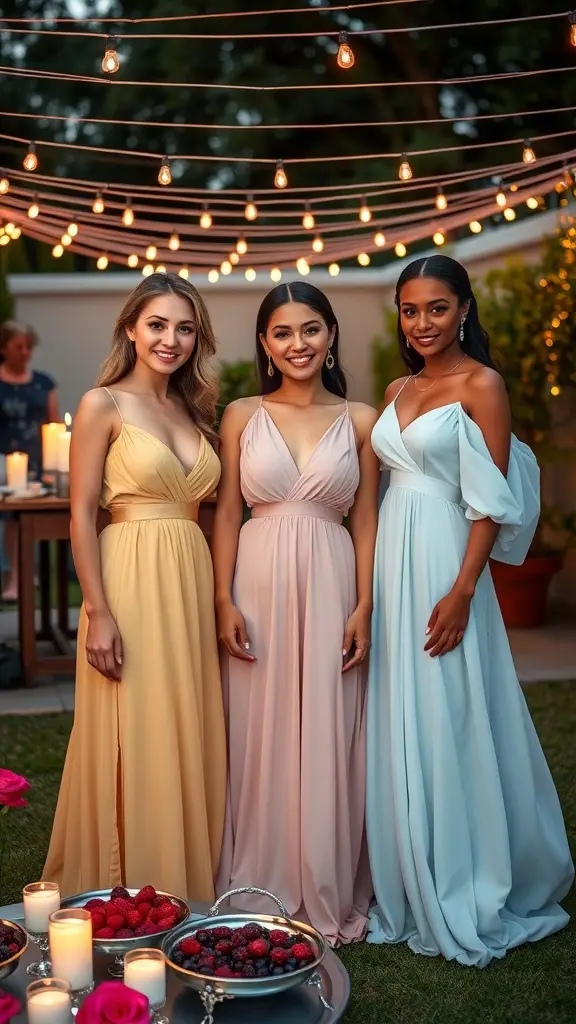 Three women in pastel gowns at a garden party with string lights and candles.