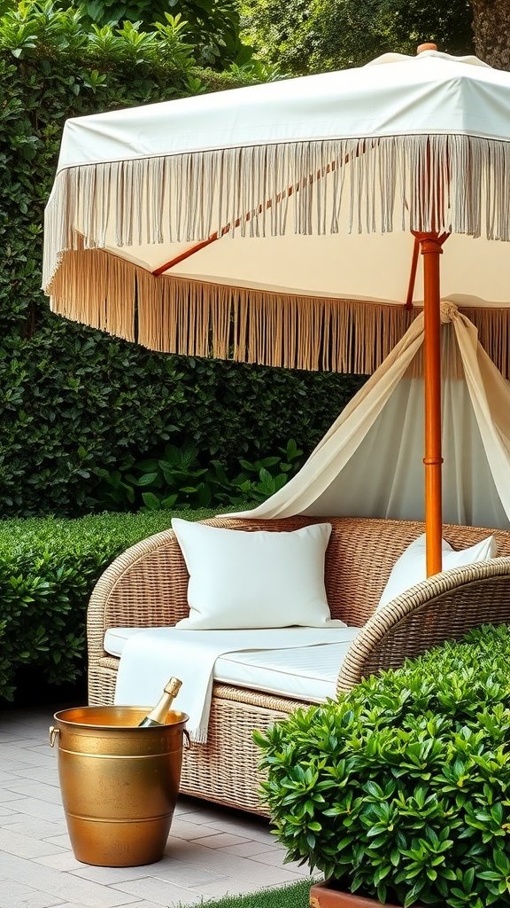 A rattan sofa with white cushions under a fringed umbrella, accompanied by a gold champagne bucket in a lush garden setting.