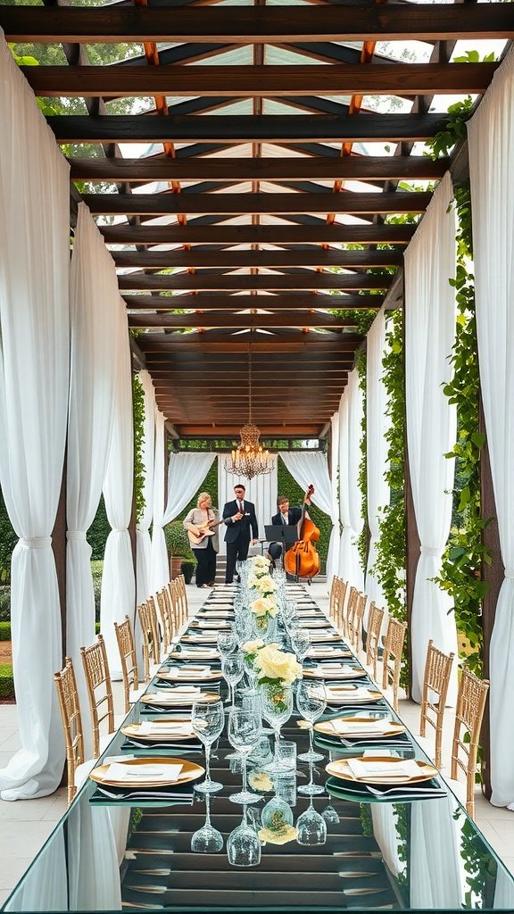 An elegant outdoor setting featuring an ivory pergola with white drapes, a long dining table set with crystal glasses and white roses, and musicians performing in the background.