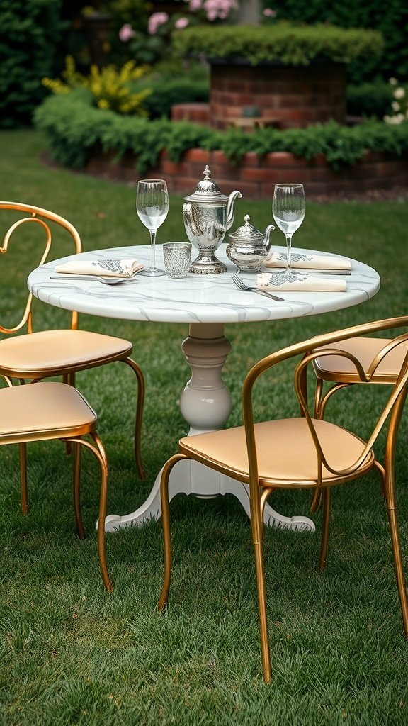 A beautifully set outdoor table with golden chairs and a silver tea set on a lawn.