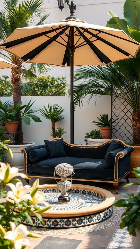 A stylish outdoor lounge area featuring a blue day bed, large umbrella, and decorative fountain surrounded by greenery.