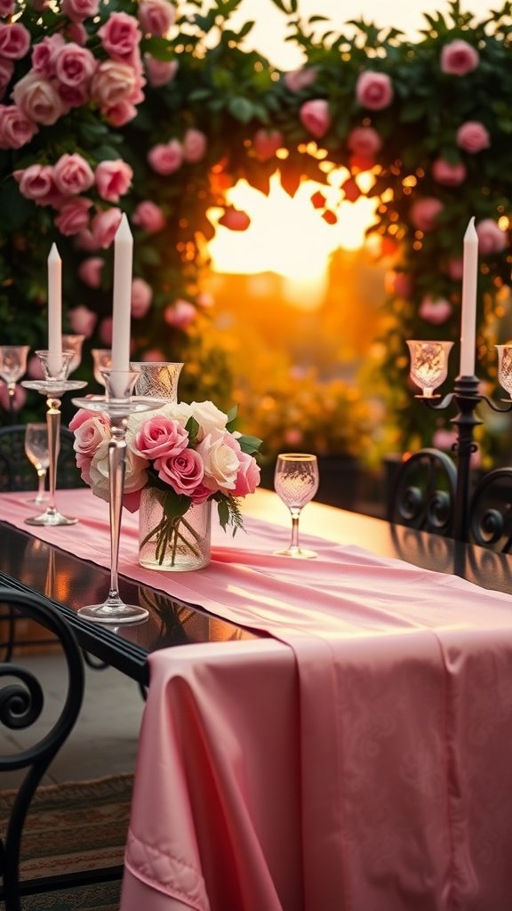 A beautifully set outdoor table with pink roses, candles, and a sunset backdrop.