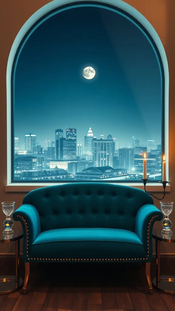 A teal tufted couch in front of a moonlit city view, creating an elegant lounge atmosphere.