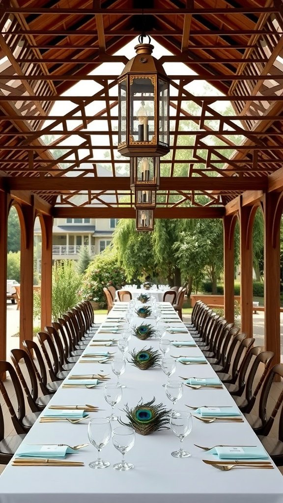 A beautifully arranged outdoor dining pavilion with a long table, wooden chairs, and peacock feather centerpieces under a lantern.