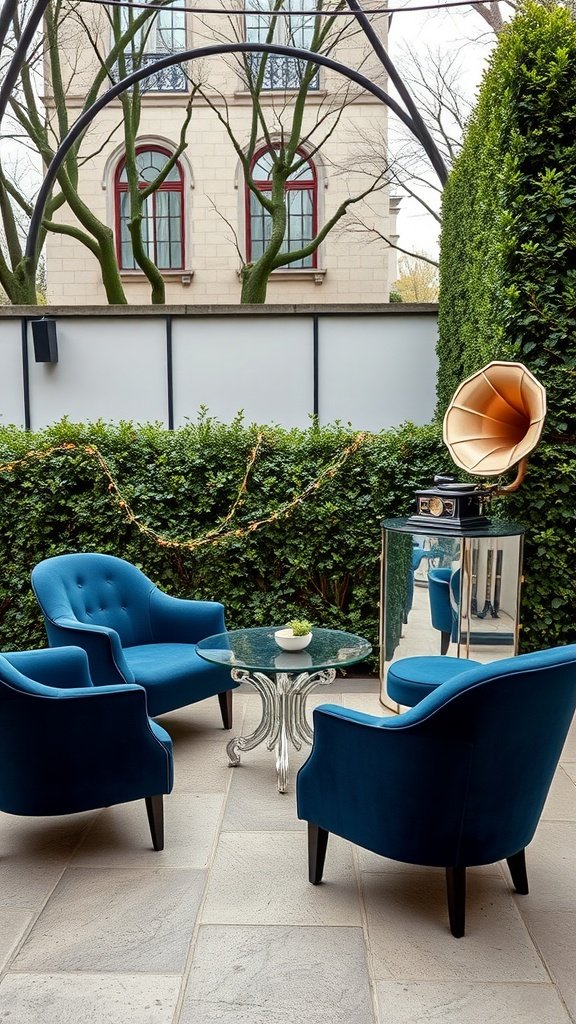 Outdoor lounge area with blue chairs, a glass table, and a vintage gramophone surrounded by greenery.
