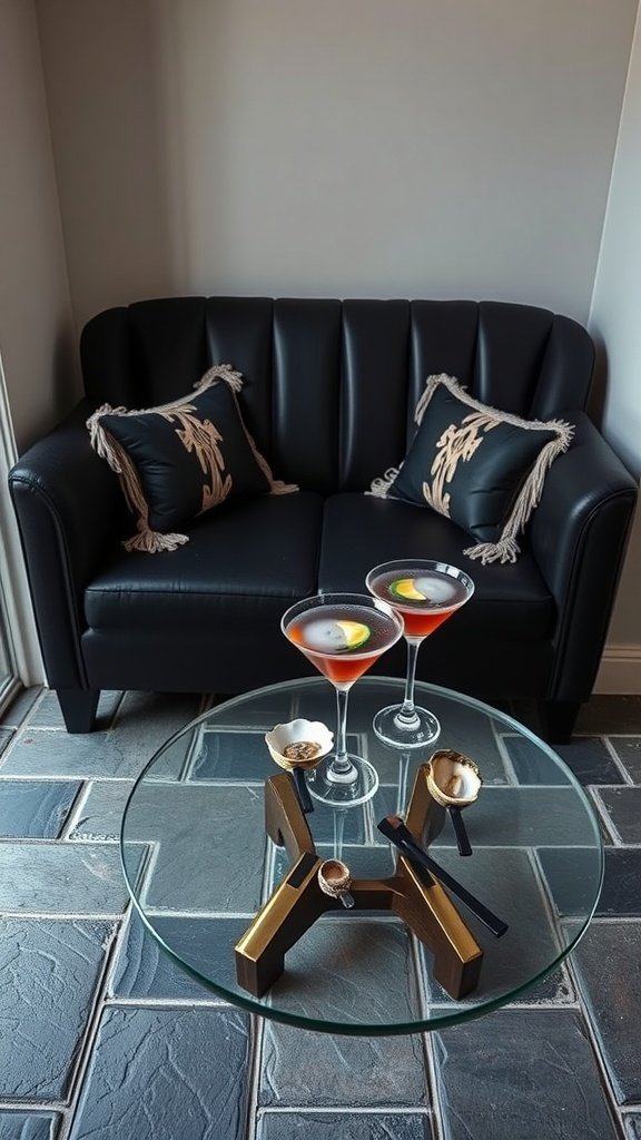 A stylish outdoor courtyard with a black couch, martini glasses, and a glass table.