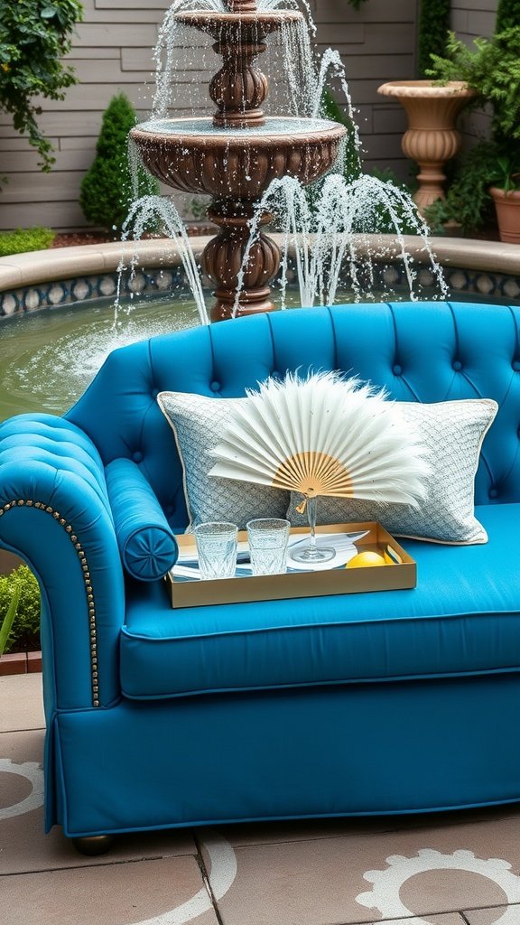 A peacock blue daybed with a fountain in the background, surrounded by greenery.