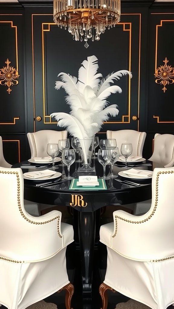 Elegant outdoor dining setup inspired by the Great Gatsby era, featuring a black table, white chairs with gold accents, and a centerpiece of white feathers.