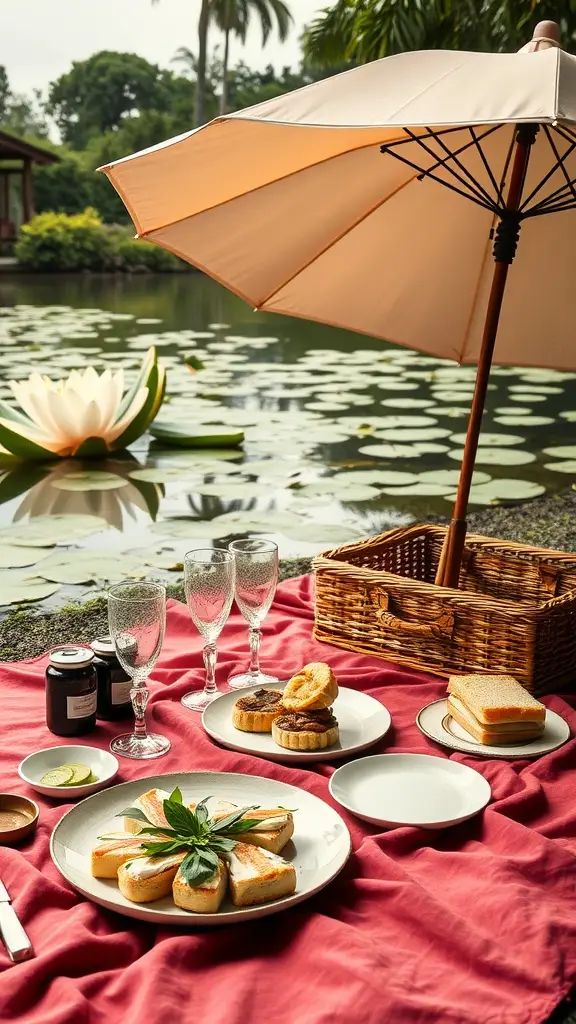 A picnic setup by a lily pond featuring sandwiches, desserts, and sparkling glasses under an umbrella.