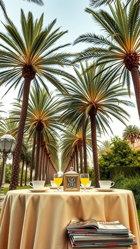 A beautifully set table for high tea under palm trees, featuring teacups and drinks, with lush greenery in the background.