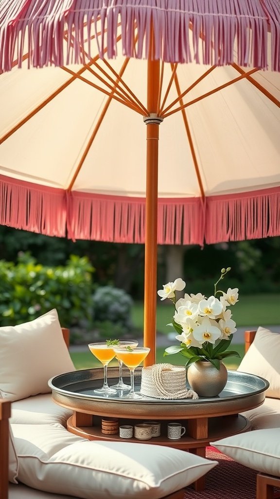 A cozy outdoor nook with a fringed pink umbrella, cocktails on a table, and white orchids.