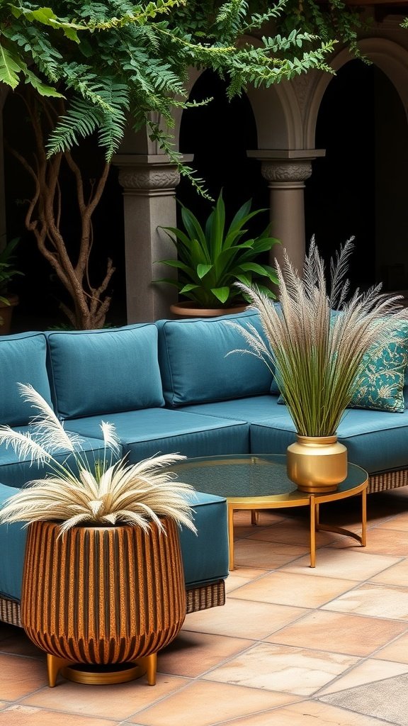 A cozy outdoor lounge area featuring a teal sectional sofa, gold accents, and lush greenery.