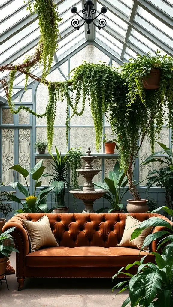Mocha velvet couch in a rooftop conservatory surrounded by lush plants and greenery.