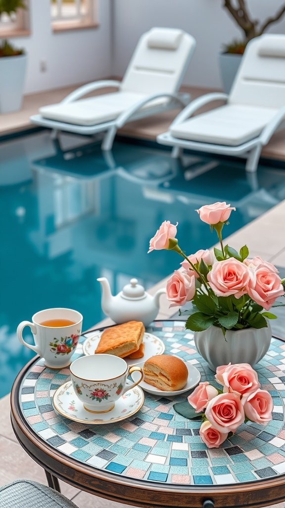 A poolside brunch setup with a mosaic table, tea cups, baked goods, and pink roses.