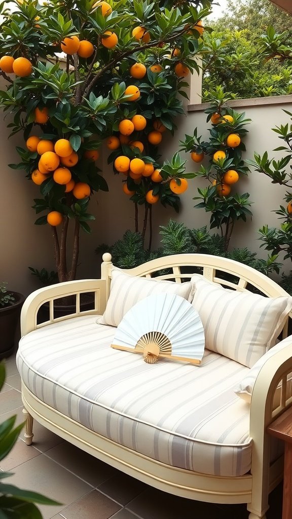 A cozy day bed surrounded by greenery and citrus trees, featuring soft cushions and a decorative fan.