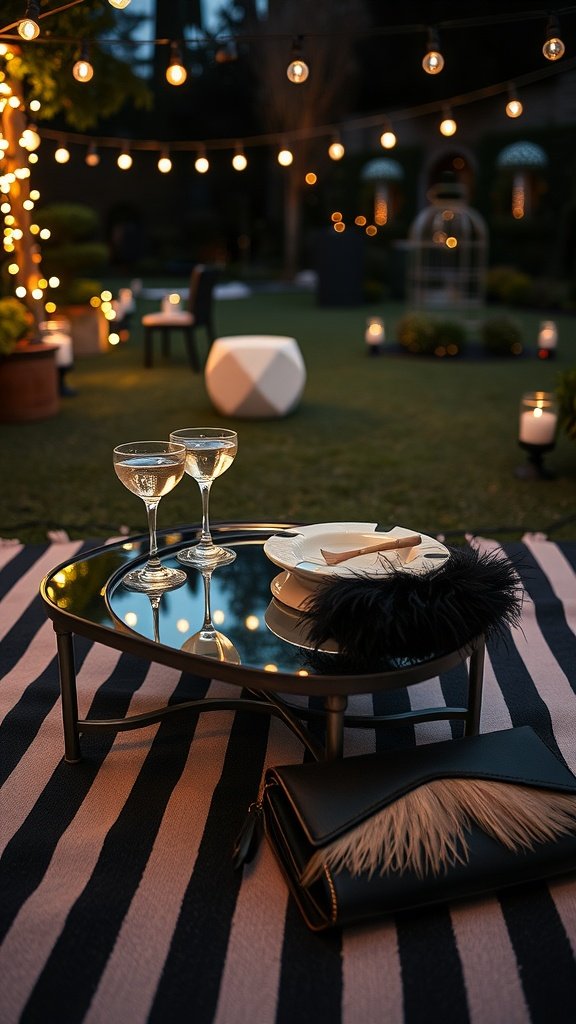 A stylish outdoor cocktail table with feather accents, reflecting lights and surrounded by elegant decor.
