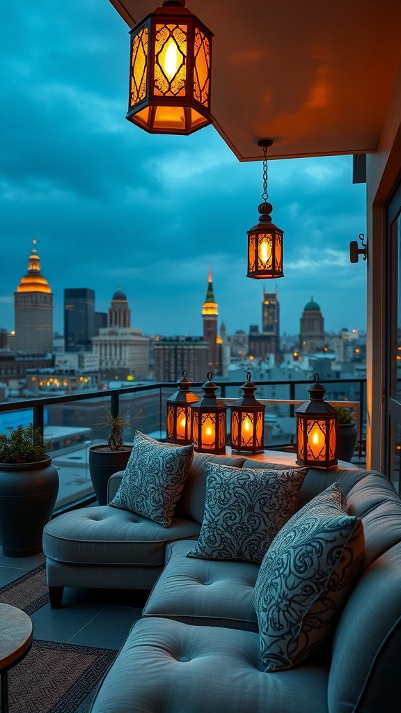 A cozy terrace with lanterns and plush seating overlooking a city skyline at dusk.