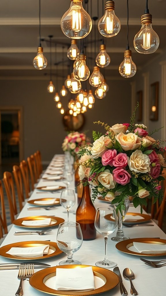 A beautifully set long banquet table with golden plates, glasses, and a floral centerpiece, illuminated by hanging light bulbs.