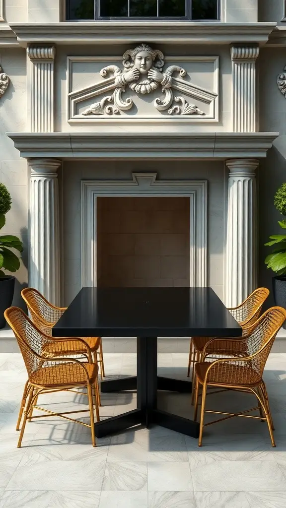 A stylish black-and-gold Art Deco patio featuring a black table and golden chairs, surrounded by elegant architectural details.