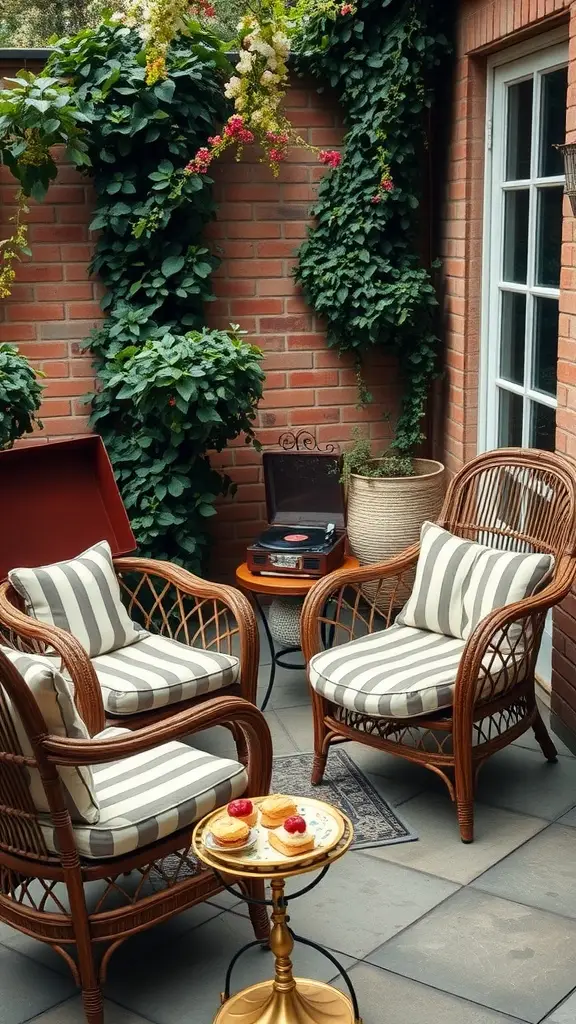 Cozy outdoor setting with wicker chairs, pastries, and a record player surrounded by greenery.