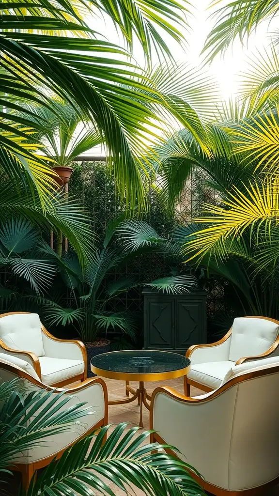 A cozy outdoor lounge area surrounded by palm fronds, featuring white chairs with golden accents and a glass table.