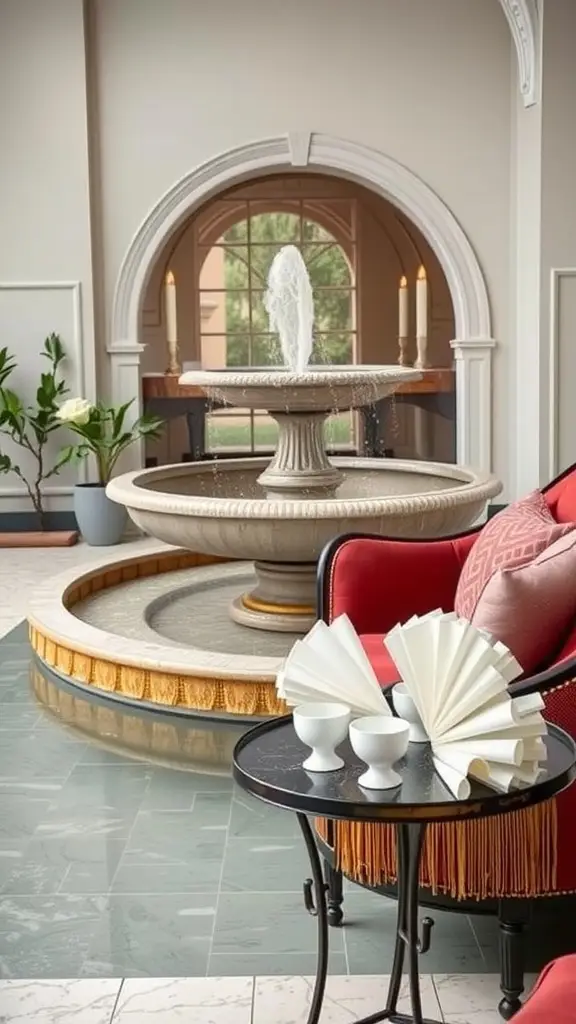 A stylish courtyard featuring a fountain, red seating, and decorative tableware.